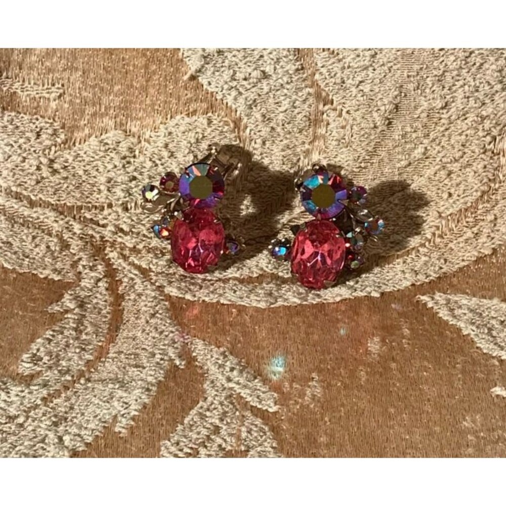 Vintage 50s Pink Rhinestone Clip On Earrings 1950s Retro Pinup Glam Cocktail